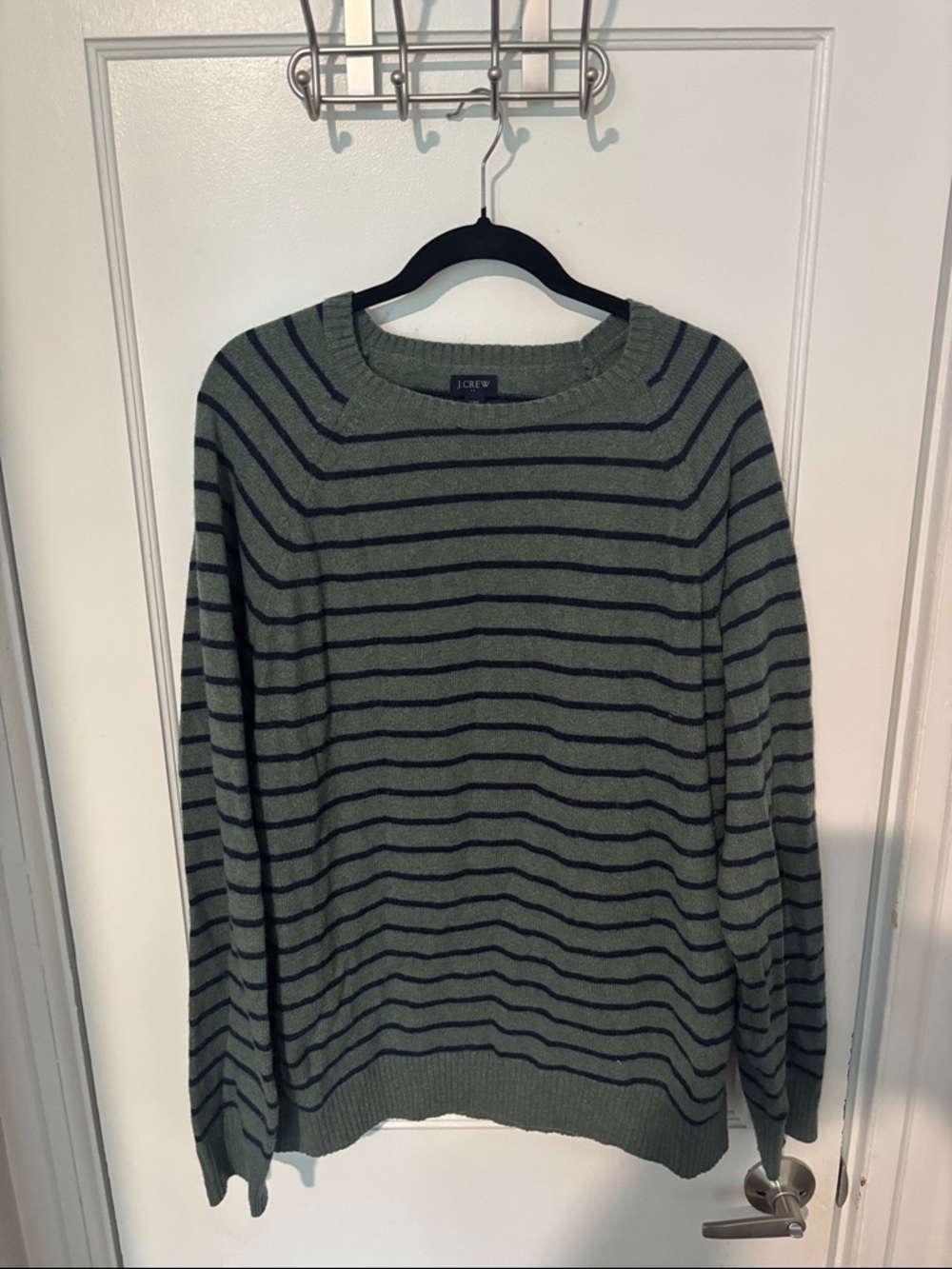 J.Crew XXL Olive Green Navy Stripe Lambswool Blend Crewneck Sweater